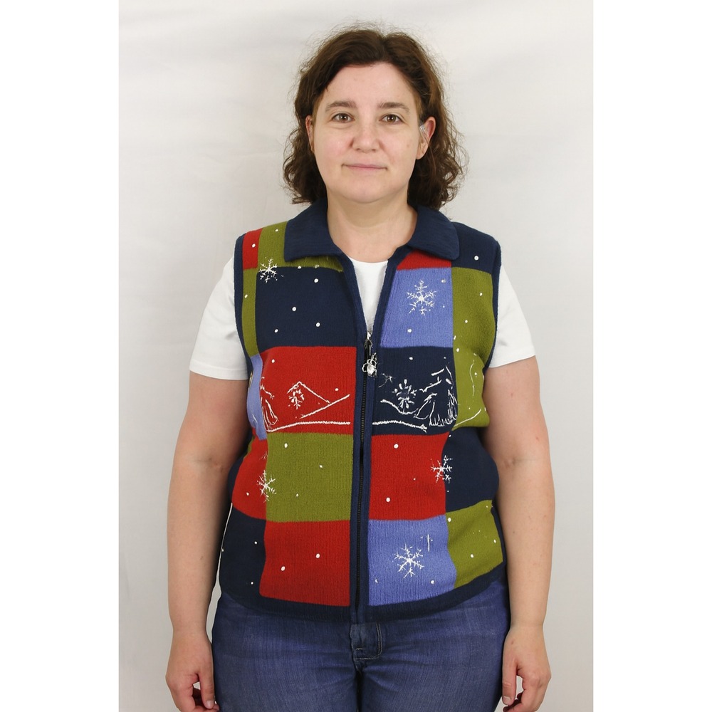 vintage patchwork winter trees‎ colorful plaid grandmacore S vest